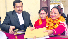 Godavari Thapli files nomination papers from the Mussoorie Assembly segment as an Independent in Dehradun