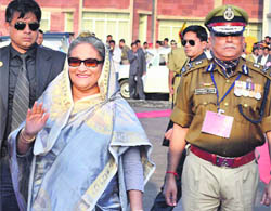 Bangladeshs Prime Minister Sheikh Hasina during her ceremonial welcome in Agartala on Wednesday. 