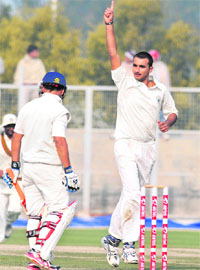Haryanas Harshal Patel celebrates a wicket.