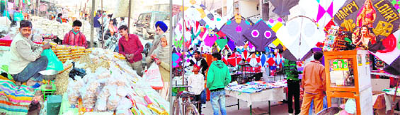 Vendors sell colourful kites and (left) residents are busy buying peanuts and sweets such as gachak from roadside stalls on the eve of Lohri in Amritsar. 