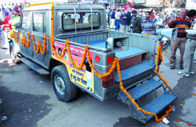 The Mahindra jeep that Sarup Chand Singla, the SAD candidate from the Bathinda (Urban) Assembly constituency, is using for canvassing in the constituency.