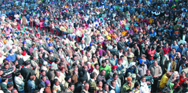 A crowd assembled at the SAD-BJP alliance rally, being addressed by Harsimrat Kaur Badal, Sarup Chand Singla, and other leaders in Bathinda on Thursday.