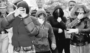 Police produce girls arrested for immoral trafficking at a court in Mohali on Thursday.