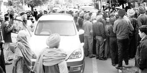 A convoy of vehicles that accompanied SAD candidate Balwant Singh Ramoowalia when he came to file his nomination papers from Mohali on Thursday.
