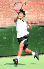 Hyeon Chung of Korea plays a shot during his match against Robert Dula of Crotia during the India ITF Junior-1 at the CLTA courts in Chandigarh on Thursday. 