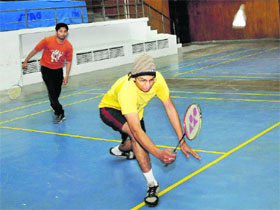 Players in action during the Panjab University Inter-College Badminton Championship in Chandigarh.