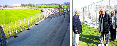 A view of the stadium at Lahli; and (right) Ranbir Singh Mahendra (in black jacket), Secretary, Haryana Cricket Association, talks to officials at the stadium