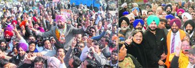 Congress candidate Jagbir Brar and SAD nominee Pargat Singh before filing nomination papers for the Jalandhar Cantt constituency in Jalandhar. MP Navjot Singh Sidhu also seen with Pargat Singh. 