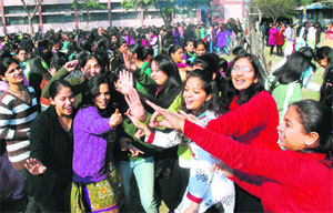 Students of the Dev Samaj College for Women, Sector 45, celebrate Lohri on the college campus in Chandigarh on Friday.