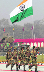 Army jawans during the full dress rehearsal for Army Day parade in New Delhi on Friday.