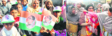 Sitting Congress MLA Razia Sultana's supporters and (right) a woman garlands SAD nominee Farzana Alam, in Malerkotla