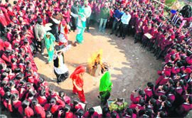 Students of a government school celebrate Lohri in Patiala