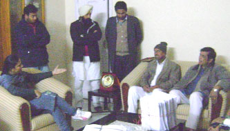 Oscar Fernandes faces a volley of tough questions from Upinder Sharmas daughter Shivani in Faridkot on Saturday. 