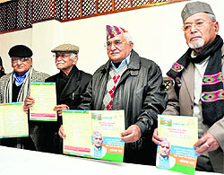 Leaders of the Uttarakhand Raksha Morcha release the election manifesto in Dehradun on Saturday