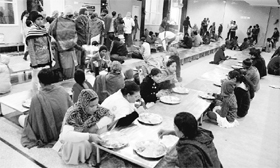 Devotees partake of langar at the new bhandara building that was inaugurated at Mansa Devi Temple in Panchkula on Sunday.