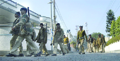 The police carries out a flag march in Jalandhar on Friday.