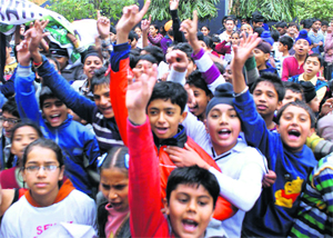 Participating students raise slogans in Rajpura on Sunday. 