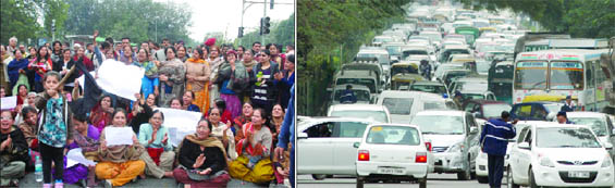 (Left) Residents of B K Dutt Colony hold a protest, demanding closure of the gate at the Karbala mosque near Jor Bagh after a clash between police and locals on Sunday night on Monday. (Right) A traffic jam on Safdarjung Road, near the INA market, following the demonstration