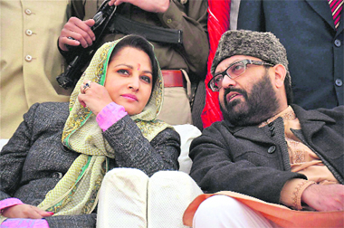Rashtriya Lok Manch chief Amar Singh with MP Jaya Prada at an election rally in Moradabad on Monday. 