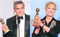 Actor George Clooney holds up his award for best actor in a drama motion picture for The Descendants; and (right) Meryl Streep, winner of best performance by an actress for her role in The Iron Lady, at the 69th annual Golden Globe Awards in Beverly Hills. 