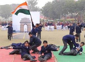 School students rehearsing for Republic Day celebrations at the Sports Stadium in Bathinda on Tuesday. 