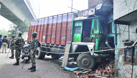 The truck which crashed into a house near Pratap Nagar Metro station (Gulabi Bagh) in West Delhi on Tuesday.