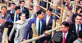 Congress president Sonia Gandhi waves to the gathering in Roorkee on Tuesday.