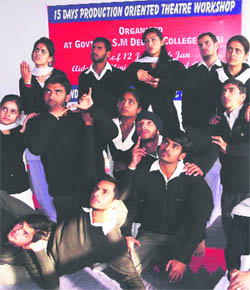 Students of Government Degree College, Reasi, attend a theatre workshop in Reasi.
