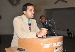 Deputy Commissioner, Bathinda, KK Yadav addresses the students of Govt Rajindra College in Bathinda on Wednesday. 