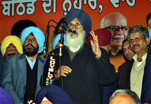 Chief Minister Prakash Singh Badal addresses an election meeting in Amarpura Basti in Bathinda on Wednesday evening. Badal was in the city to campaign for his party candidate Sarup Chand Singla. 