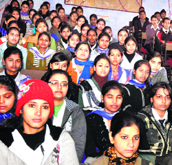 Students of SMJN College at an election workshop in Haridwar on Wednesday. 