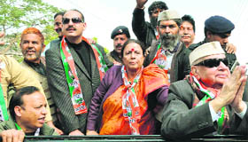 Former Chief Minister ND Tiwari participates in a road show in Haldwani on Wednesday. 