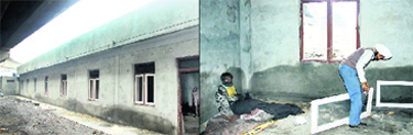 The newly constructed 'raen Basera' under Domoria railway overbridge; and (right) a carpenter giving final touches to windows at the 'raen basera' in Jalandhar