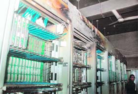 The main telephone exchange at Darshan Lal Chowk that was destroyed in a fire in Dehradun on Thursday