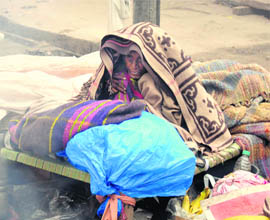 A woman tries to keep warm wrapped up in woollens on a chilly morning in Karnal.
