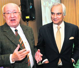 Russian Ambassador Alexander Kadakin with Pakistan High Commissioner in India Shahid Malik (R).