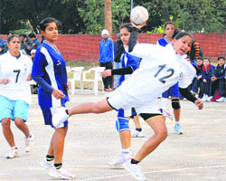 A handball match in progress at Postgraduate College in Sector 11, Chandigarh, on Friday.