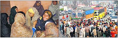 Family members of deceased Mohinder Singh wail at Kahanpur village. (Right) Angry residents block traffic on the Jalandhar-Pathankot road following the death of two persons in Jalandhar on Friday.