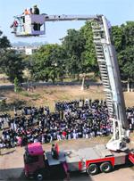 The mock drill conducted by the fire department of the municipal corporation under way at the Government Senior Secondary School in Sector 37 of Chandigarh on Saturday.