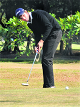 Angad Cheema in action at the Golf Club, Chandigarh, on Saturday. 
