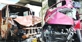 The truck and the car after the accident stand at the Geeta Colony police station in East Delhi on Saturday.