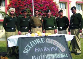 The BSF troops along with the recovered contraband in Ferozepur on Saturday