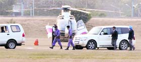 Deputy Chief Minister Sukhbir Badal being escorted in a vehicle after landing at PAU in Ludhiana on Saturday