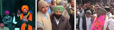 (From left) Sukhpal Singh Nannu, BJP candidate and Congress candidate Parminder Singh Pinki (in green turban in centre) campaigning in the Ferozepur (Urban) area; Congress rebel Ravinder Singh Sandhu (Babbal) in his campaign procession in the bazaar of Ferozepur on Sunday