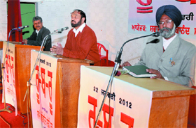 SAD (B) candidate Sarup Chand Singla, Congress candidate Harminder Singh Jassi and BSP candidate Ranjit Ram address the audience at the Ru-Ba-Ru programme organised by the Swami Vivekananda Study Circle at the SSD Girls College in Bathinda on Sunday.