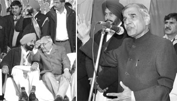 Haryana Chief Minister Bhupinder Singh Hooda interacts with the Congress candidate from Kharar, Jagmohan Singh Kang; and (above) Chandigarh MP Pawan Kumar Bansal addresses a rally in support of the Congress candidate from Mohali, Balbir Singh Sidhu. Tribune photos
