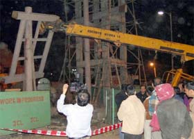 The mishap site in which an iron rod fell off an under-construction overbridge, killing one in Azadpur, New Delhi, on Sunday