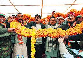 BJP national president Nitin Gadkari and former Chief Minister Bhagat Singh Koshiyari at an election rally at Someshwar in Almora on Sunday.
