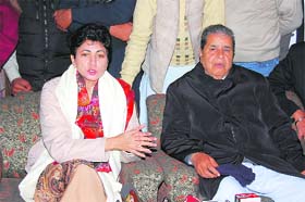 Union Minister Selja speaking to mediapersons at former Haryana minister Jagdish Nehras (also seen in the picture) residence in Sirsa on Sunday