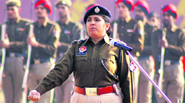 DSP Nilambari Jagdale leads the contingent at a Republic Day parade rehearsal at the PAP ground in Jalandhar Cantonment.